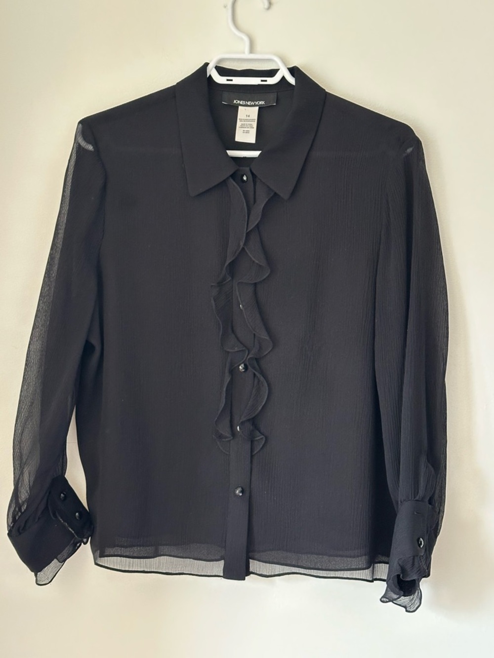 100% Silk Jones New York Black Sheer Ruffle Placket Blouse Sz 14 Fits L/Ovrsz M